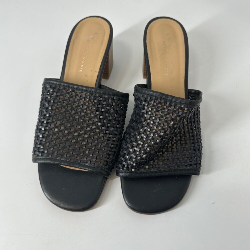 * Anthropologie Black Woven Heeled Sandals Size 7.5